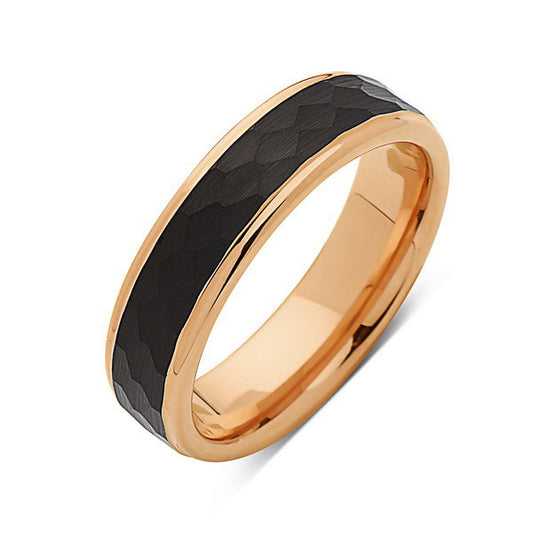 Rose Gold Tungsten Wedding Band - Hammered Engagement Ring -  Black Brushed -  6MM Ring - Unique Engagement Band - Comfort Fit - LUXURY BANDS LA