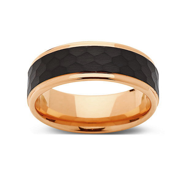 Rose Gold Tungsten Wedding Band - Hammered Engagement Ring -  Black Brushed 8mm Ring - Unique Engagement Band - Comfort Fit - LUXURY BANDS LA
