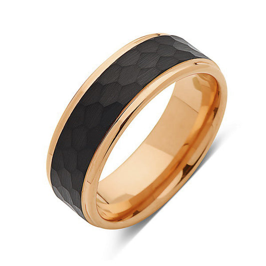 Rose Gold Tungsten Wedding Band - Hammered Engagement Ring -  Black Brushed 8mm Ring - Unique Engagement Band - Comfort Fit - LUXURY BANDS LA