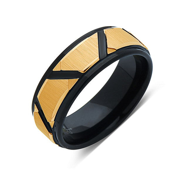 Yellow Gold Tungsten Wedding Wedding Band -Black RIng - Unique - 8MM - Tungsten Carbide Ring - Black Brushed Ring - Comfort Fit - LUXURY BANDS LA