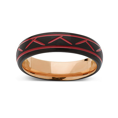 Red Tungsten Wedding Band - Rose Gold - Black Brushed Tungsten Ring - 6mm - Mens Ring - Tungsten Carbide - Engagement Band - Comfort Fit - LUXURY BANDS LA