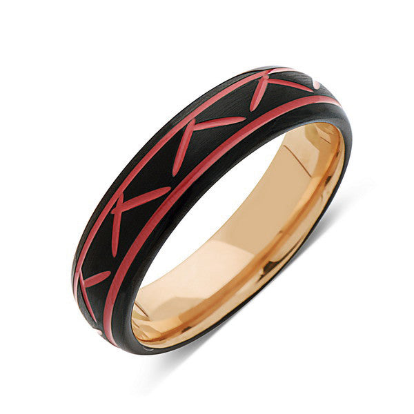 Red Tungsten Wedding Band - Rose Gold - Black Brushed Tungsten Ring - 6mm - Mens Ring - Tungsten Carbide - Engagement Band - Comfort Fit - LUXURY BANDS LA