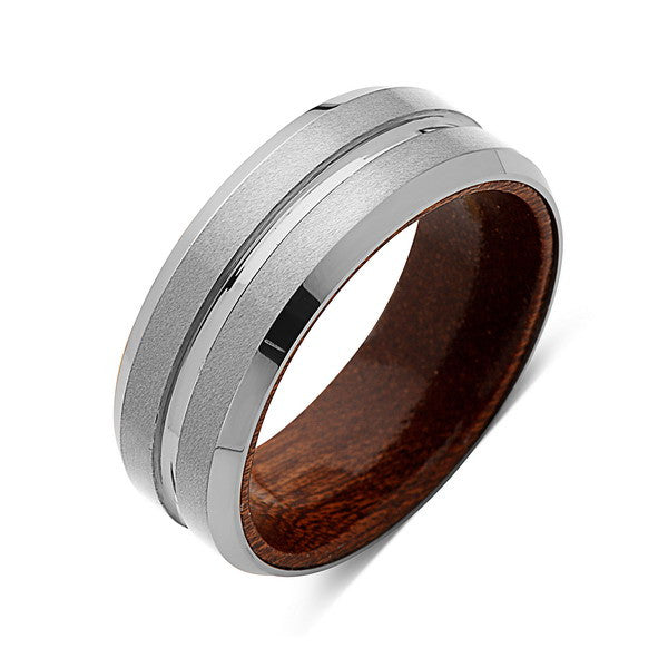 Koa Wood Wedding Ring - Brushed Gray Tungsten Band - Hawaiian Koa Wood - 8mm - Mens - Comfort Fit - LUXURY BANDS LA