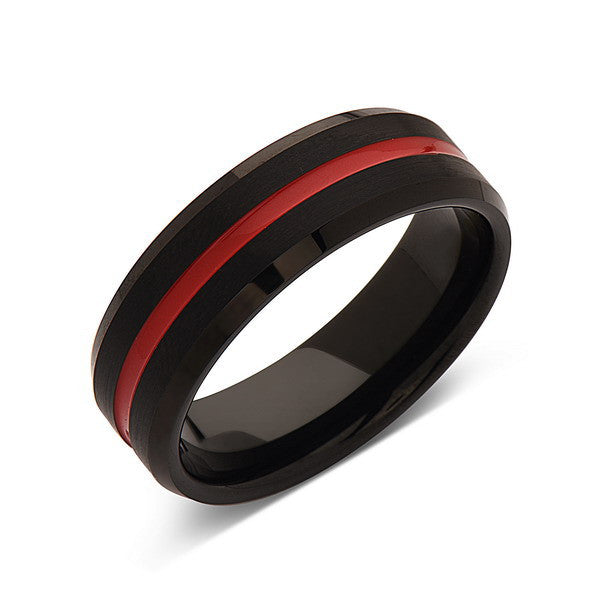 Red Tungsten Wedding Band - Black Brushed Tungsten Ring - 8mm - Mens Ring - Tungsten Carbide - Engagement Band - Comfort Fit - LUXURY BANDS LA
