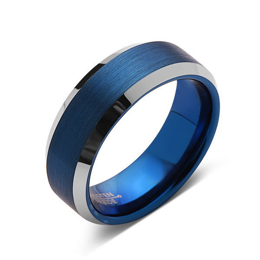Blue Tungsten Wedding Band - Silver Brushed Tungsten Ring - 8mm - Mens Ring - Tungsten Carbide - Engagement Band - Comfort Fit - LUXURY BANDS LA