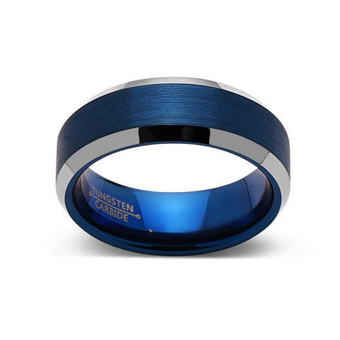 Blue Tungsten Wedding Band - Silver Brushed Tungsten Ring - 8mm - Mens Ring - Tungsten Carbide - Engagement Band - Comfort Fit - LUXURY BANDS LA