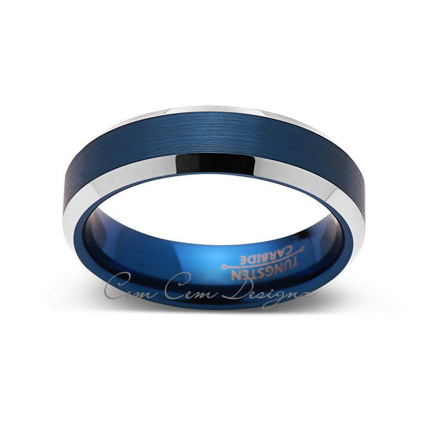 Blue Tungsten Wedding Band - Silver Brushed Tungsten Ring - 6mm - Mens Ring - Tungsten Carbide - Engagement Band - Comfort Fit - LUXURY BANDS LA