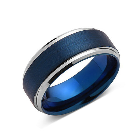 Blue Tungsten Wedding Band - Silver Brushed Tungsten Ring - 8mm - Mens Ring - Tungsten Carbide - Engagement Band - Comfort Fit - LUXURY BANDS LA