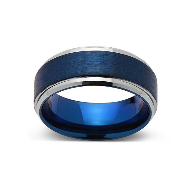 Blue Tungsten Wedding Band - Silver Brushed Tungsten Ring - 8mm - Mens Ring - Tungsten Carbide - Engagement Band - Comfort Fit - LUXURY BANDS LA