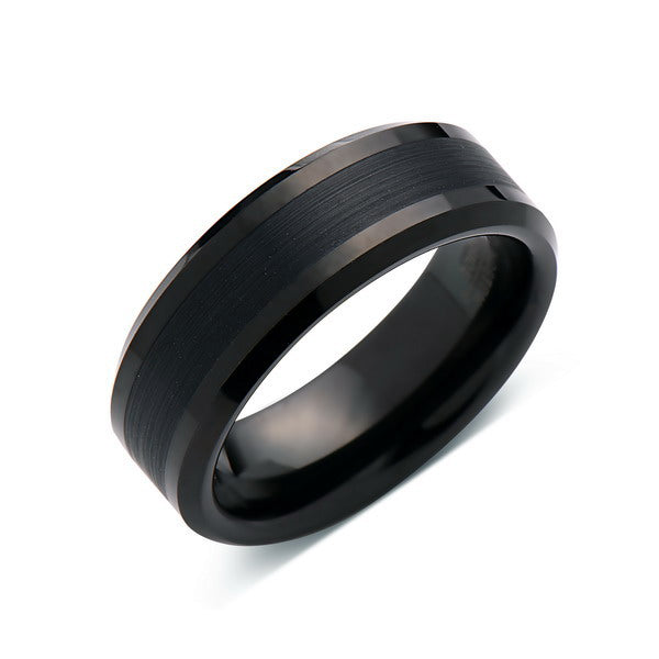 Black Tungsten Wedding Band - Satin Brushed - Beveled Edges - Unique - Mens Engagement Ring - Comfort Fit - LUXURY BANDS LA