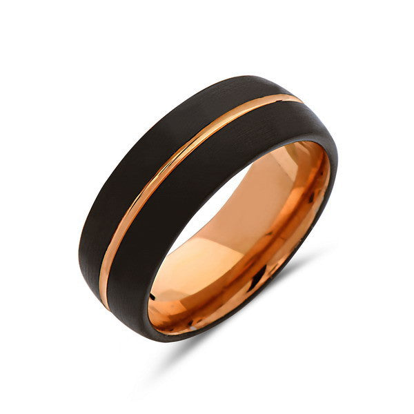 Rose Gold Tungsten Wedding Band - Black - Rose Groove Brushed Ring - 8mm - Dome - Unique - Engagement Band - Comfort Fit - LUXURY BANDS LA