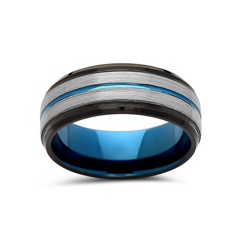 Blue Tungsten Wedding Band - Gray Brushed Tungsten Ring - 8mm - Stepped- Mens Ring - Tungsten Carbide - Engagement Band - Comfort Fit - LUXURY BANDS LA