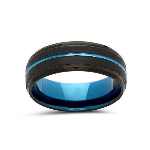 Blue Tungsten Wedding Band - Black Brushed Tungsten Ring - 8mm - Stepped- Mens Ring - Tungsten Carbide - Engagement Band - Comfort Fit - LUXURY BANDS LA
