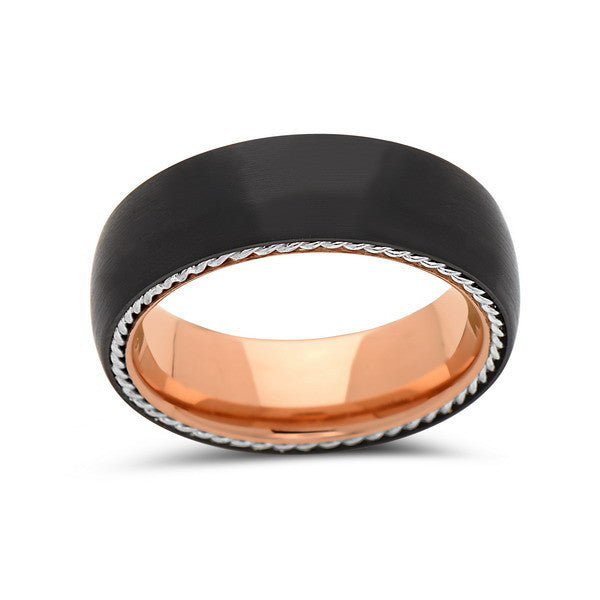 Rose Gold Tungsten Wedding Band - New Black Brushed Ring - 8mm Ring - Unique Engagment Band - Silver Rope - Comfort Fit - LUXURY BANDS LA
