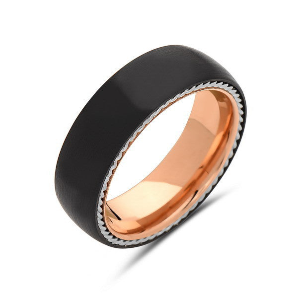 Rose Gold Tungsten Wedding Band - New Black Brushed Ring - 8mm Ring - Unique Engagment Band - Silver Rope - Comfort Fit - LUXURY BANDS LA