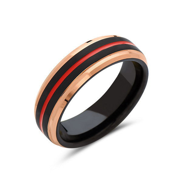 Red Tungsten Wedding Band - Rose Gold - Black Brushed Tungsten Ring - 6mm - Mens Ring - Tungsten Carbide - Engagement Band - LUXURY BANDS LA