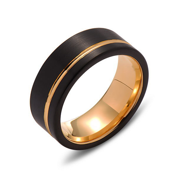 Yellow Gold Tungsten Wedding Band - Black Brushed Ring - 8mm Ring - Unique Engagment Band - Comfort Fit - LUXURY BANDS LA