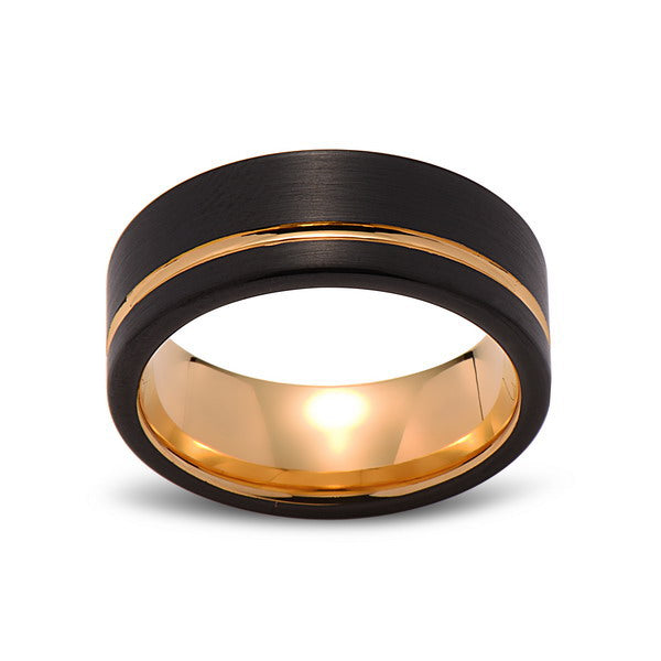 Yellow Gold Tungsten Wedding Band - Black Brushed Ring - 8mm Ring - Un