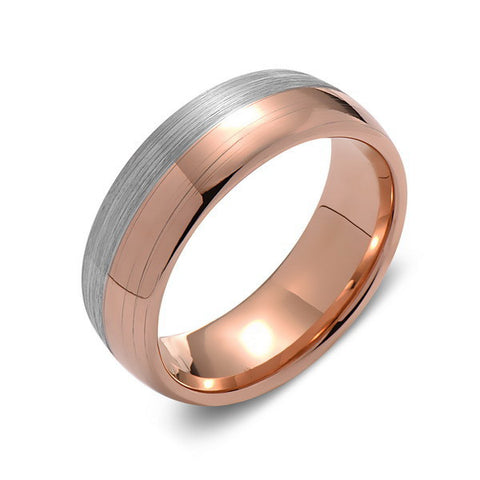 Brushed Rose Gold Tungsten Wedding Band - Brushed Gray - 8mm - Dome  - Tungsten Carbide - Engagement Band - Comfort Fit - LUXURY BANDS LA
