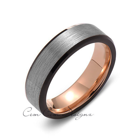 Rose Gold Tungsten Wedding Band - Black and Gray Brushed Tungsten Ring - 6mm - Mens Ring - Tungsten Carbide - Engagement Band - Comfort Fit - LUXURY BANDS LA