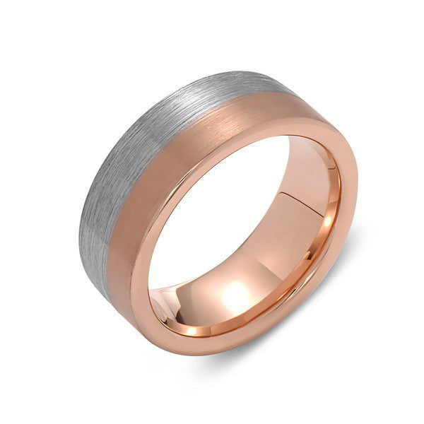 Brushed Rose Gold Tungsten Wedding Band - Brushed Gray - 8mm - Pipe Cut  - Tungsten Carbide - Engagement Band - Comfort Fit - LUXURY BANDS LA