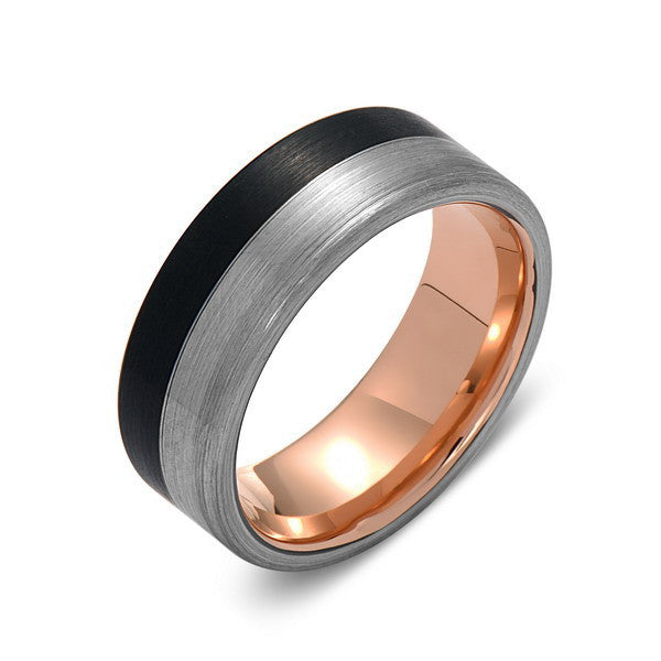 Rose Gold Tungsten Wedding Band - Black and Gray Brushed Tungsten Ring - 8mm - Mens Ring - Tungsten Carbide - Engagement Band - Comfort Fit - LUXURY BANDS LA