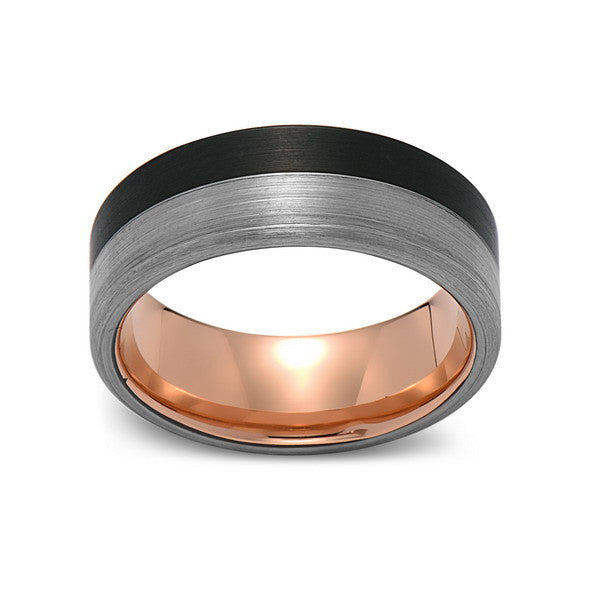 Rose Gold Tungsten Wedding Band - Black and Gray Brushed Tungsten Ring - 8mm - Mens Ring - Tungsten Carbide - Engagement Band - Comfort Fit - LUXURY BANDS LA