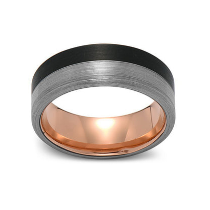 Rose Gold Tungsten Wedding Band - Black and Gray Brushed Tungsten Ring - 8mm - Mens Ring - Tungsten Carbide - Engagement Band - Comfort Fit - LUXURY BANDS LA