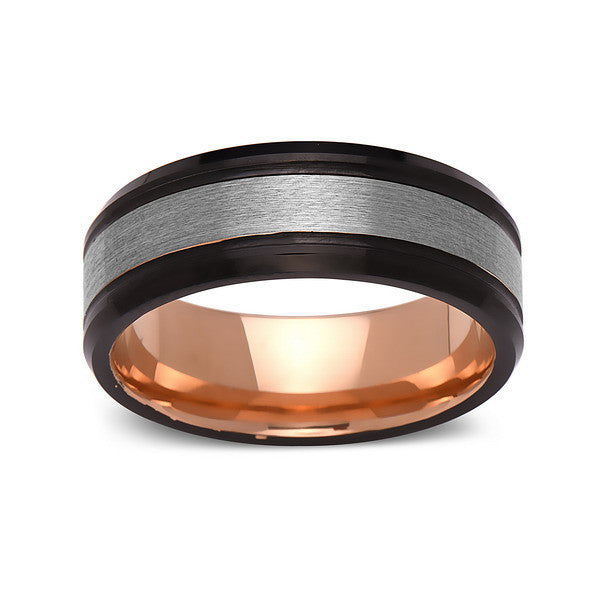 Rose Gold Tungsten Wedding Band - Gray and Black Brushed Tungsten Ring - 8mm - Mens Ring - Tungsten Carbide - Engagement Band - Comfort Fit - LUXURY BANDS LA
