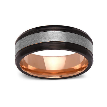 Rose Gold Tungsten Wedding Band - Gray and Black Brushed Tungsten Ring - 8mm - Mens Ring - Tungsten Carbide - Engagement Band - Comfort Fit - LUXURY BANDS LA