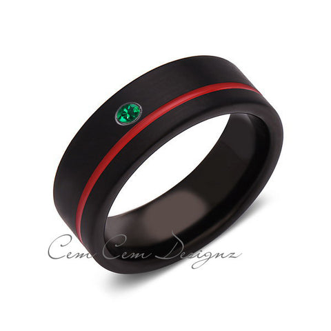 8mm,Green Emerald,Mens Diamond Ring,Black Brushed, Red Groove,Tungsten Ring,Wedding Band,Red,Comfort Fit - LUXURY BANDS LA