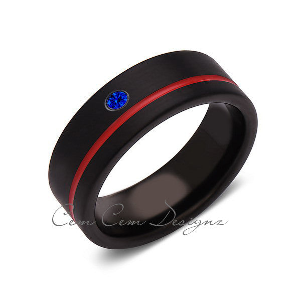 8mm,Blue Sapphire,Mens Diamond Ring,Black Brushed, Red Groove,Tungsten Ring,Wedding Band,Red,Comfort Fit - LUXURY BANDS LA