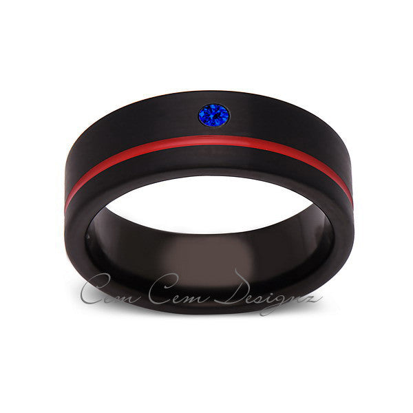 8mm,Blue Sapphire,Mens Diamond Ring,Black Brushed, Red Groove,Tungsten Ring,Wedding Band,Red,Comfort Fit - LUXURY BANDS LA