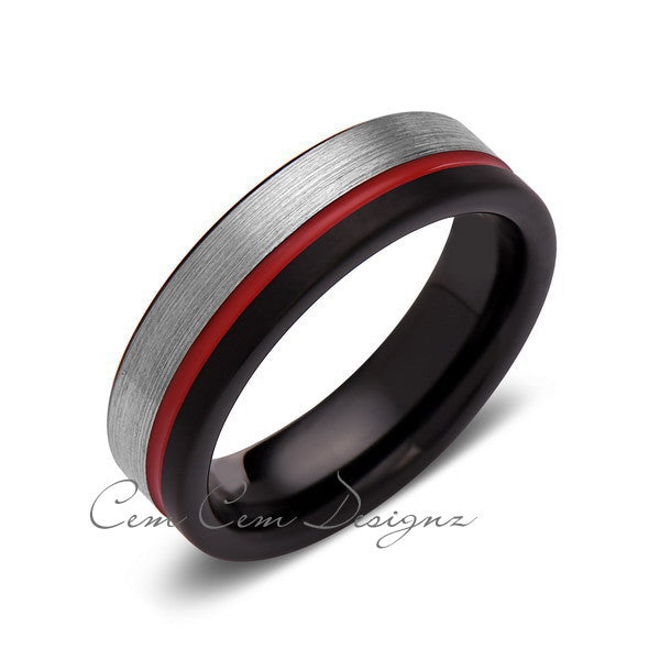 Red Tungsten Wedding Band - Black and Gray Brushed Tungsten Ring - 6mm - Mens Ring - Tungsten Carbide - Engagement Band - Comfort Fit - LUXURY BANDS LA