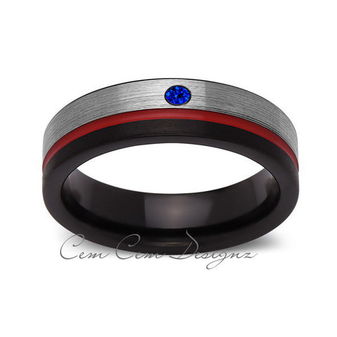 6mm,Blue Sapphire,Mens Diamond Ring,Gray,Black Brushed, Red Groove,Tungsten Ring,Wedding Band,Red,Comfort Fit - LUXURY BANDS LA