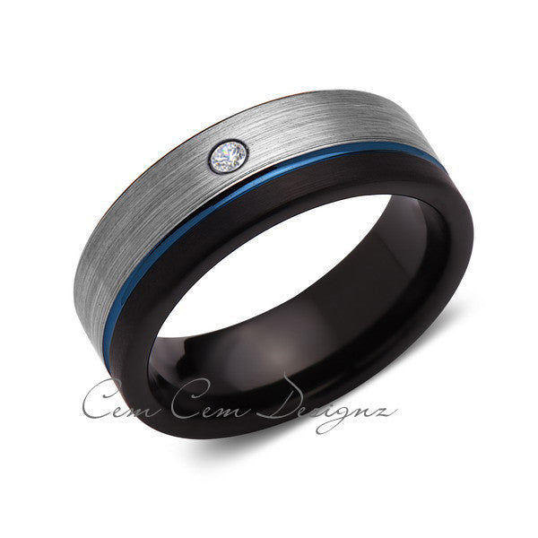 8mm,Mens,Diamond,Blue Ring,Gray,Black,Brushed,Blue Band,Tungsten Ring,Wedding Band,Comfort Fit - LUXURY BANDS LA