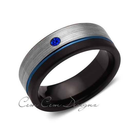 8mm,Blue Sapphire,Mens Diamond Ring,Gray,Black Brushed, Blue Groove,Tungsten Ring,Wedding Band,Blue,Comfort Fit - LUXURY BANDS LA