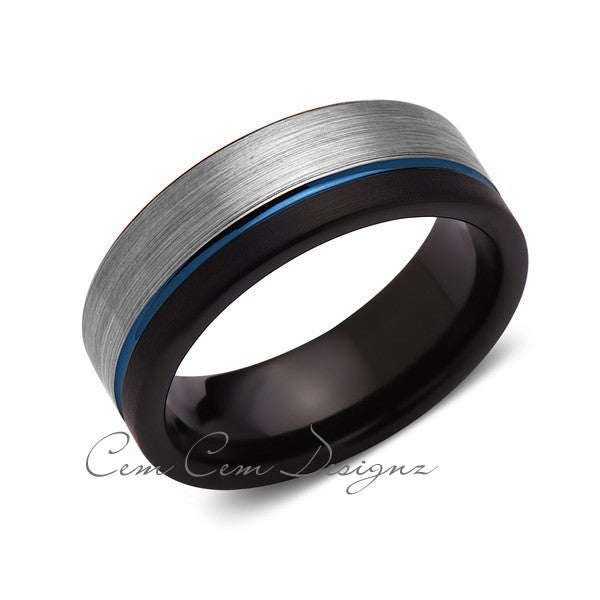 8mm,Brushed Gun Metal,Gray and Black,Blue Tungsten Ring,Mens Wedding Band,Blue Ring,Comfort Fit - LUXURY BANDS LA