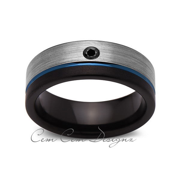 8mm,Mens,Black Diamond,Blue Ring,Gray,Black,Brushed,Blue Band,Tungsten Ring,Wedding Band,Comfort Fit - LUXURY BANDS LA