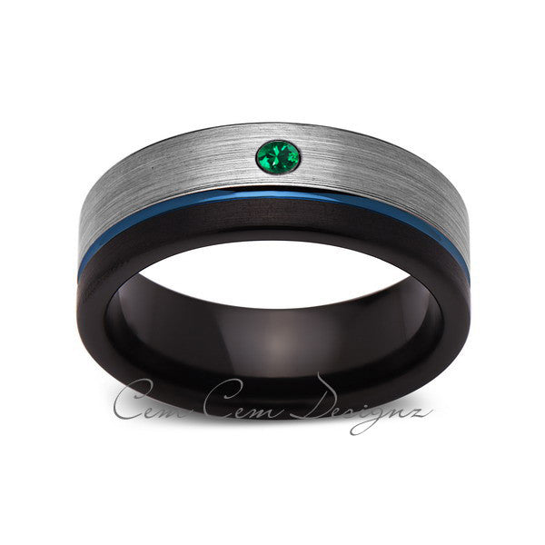 8mm,Green Emerald,Mens Diamond Ring,Gray,Black Brushed, Blue Groove,Tungsten Ring,Wedding Band,Comfort Fit - LUXURY BANDS LA