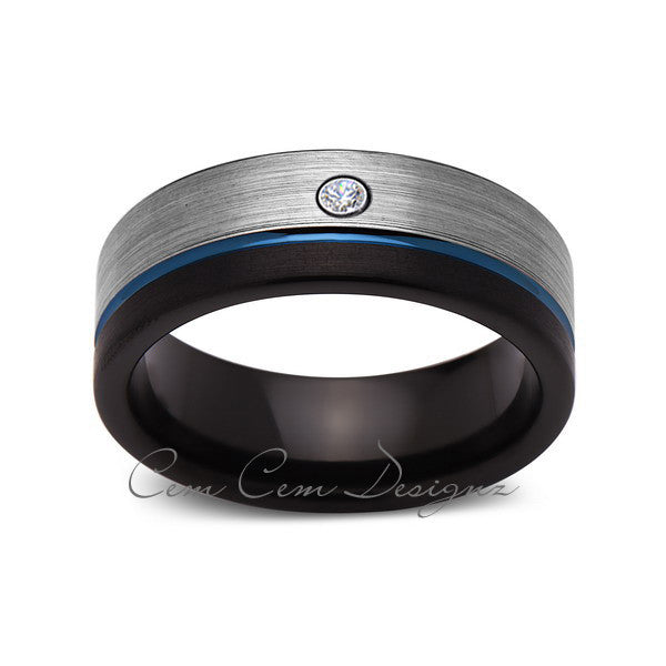 8mm,Mens,Diamond,Blue Ring,Gray,Black,Brushed,Blue Band,Tungsten Ring,Wedding Band,Comfort Fit - LUXURY BANDS LA