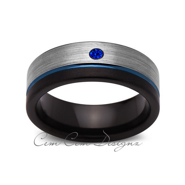 8mm,Blue Sapphire,Mens Diamond Ring,Gray,Black Brushed, Blue Groove,Tungsten Ring,Wedding Band,Blue,Comfort Fit - LUXURY BANDS LA