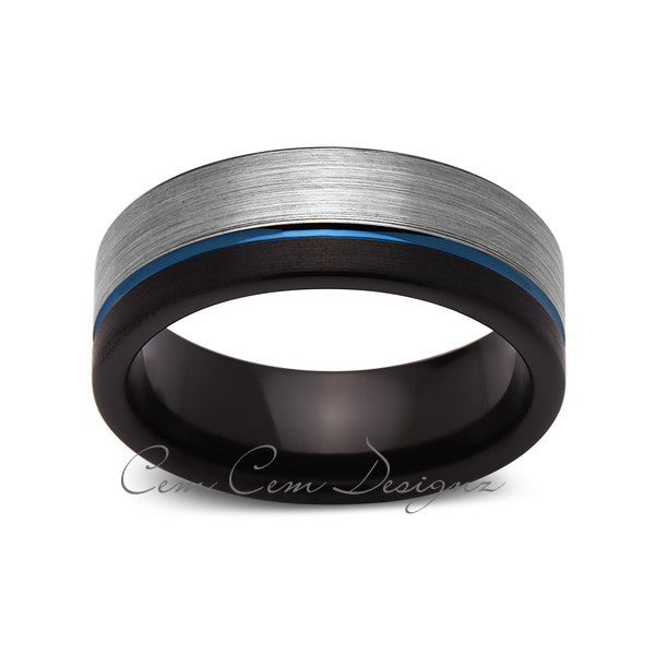 8mm,Brushed Gun Metal,Gray and Black,Blue Tungsten Ring,Mens Wedding Band,Blue Ring,Comfort Fit - LUXURY BANDS LA