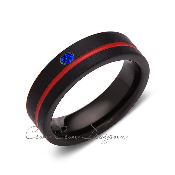 6mm,Blue Sapphire,Mens Diamond Ring,Black Brushed, Red Groove,Tungsten Ring,Wedding Band,Red,Comfort Fit - LUXURY BANDS LA
