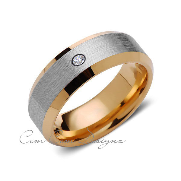 8mm,Mens,Diamond,Gray,Brushed,Yelllow Gold,Tungsten Ring,Yellow Gold,Wedding Band,Comfort Fit - LUXURY BANDS LA