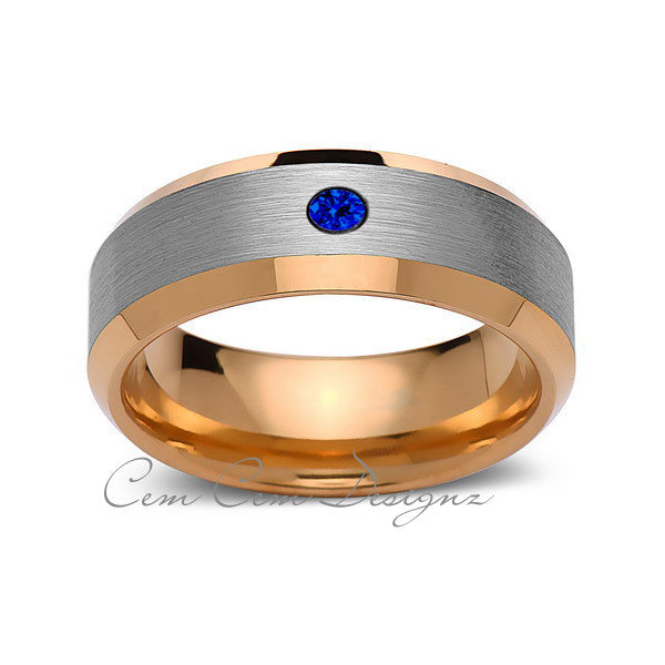 8 mm,Mens,Blue Sapphire,Yellow Gold,Wedding Band,,Gray,Brushed,Yellow Gold,Birthstone,Tungsten Ring,Comfort Fit - LUXURY BANDS LA