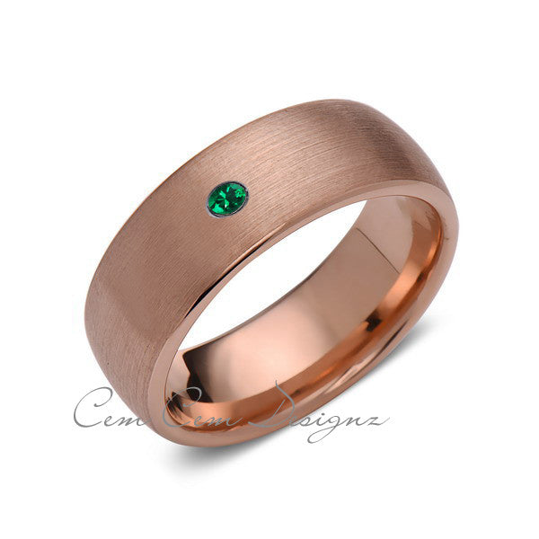 8mm,Mens,Green Emerald,Brushed,Rose Gold,Tungsten Ring,Rose Gold,Birthstone,Wedding Band,Comfort Fit - LUXURY BANDS LA