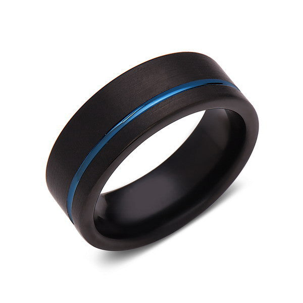 Blue Tungsten Wedding Band - Black Brushed Tungsten Ring - 8mm - Mens Ring - Tungsten Carbide - Engagement Band - Comfort Fit - LUXURY BANDS LA