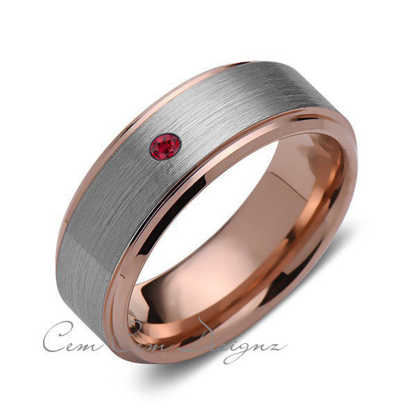 8 mm,Men's,Red Ruby,Birthstone,Rose Gold,Wedding Band,,Gray,Brushed,Rose Gold,Tungsten Ring,Comfort Fit - LUXURY BANDS LA
