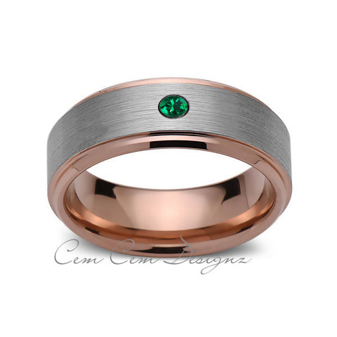 8 mm,Mens,Green Emerald,Rose Gold,Wedding Band,,Gray,Brushed,Rose Gold,Birthstone,Tungsten Ring,Comfort Fit - LUXURY BANDS LA